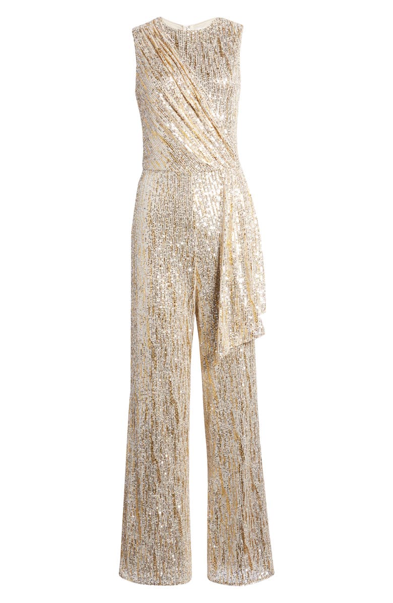 Saylor Briar Gold Foiled Sequin Sleeveless Jumpsuit, Alternate, color, 