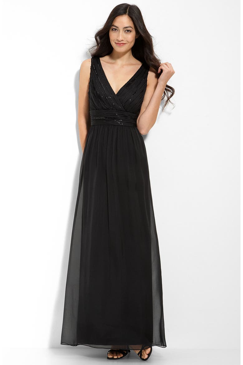 Sequin Trim Mesh Gown, Main, color, BLACK