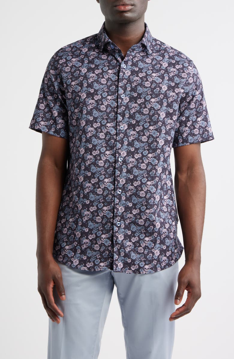 Stone Rose Summer Crush Skulls Short Sleeve Button-Up Shirt, Main, color,