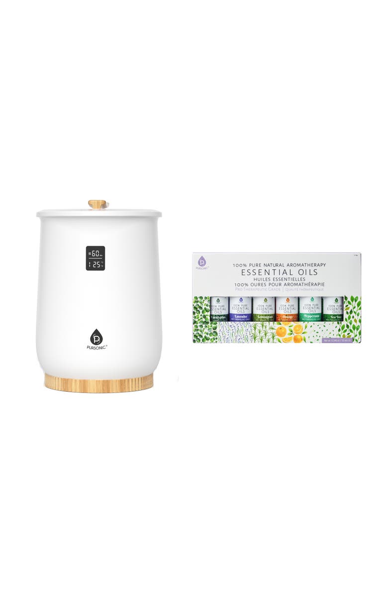 PURSONIC Home Spa Bucket Towel Warmer Bundle - Large-Capacity Warmer with Adjustable Heat (20-90 Min) + 6 Essential Oils, Main, color, White