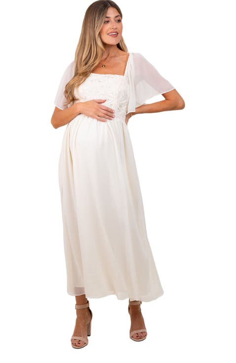 Floral Applique Flutter Sleeved Midi Dress