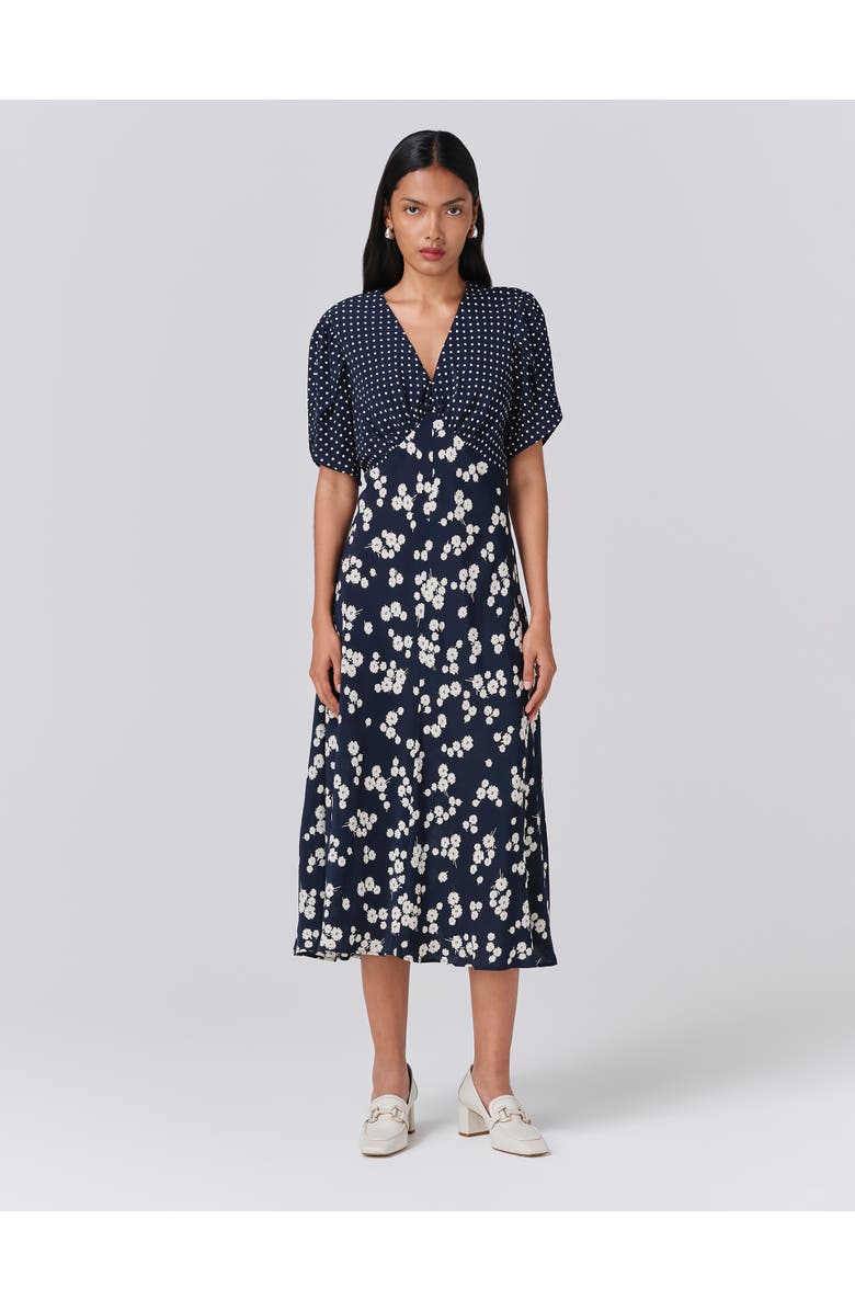 Ghost London Lulu V-neck Midi Dress, Main, color, Navy Spot Floral