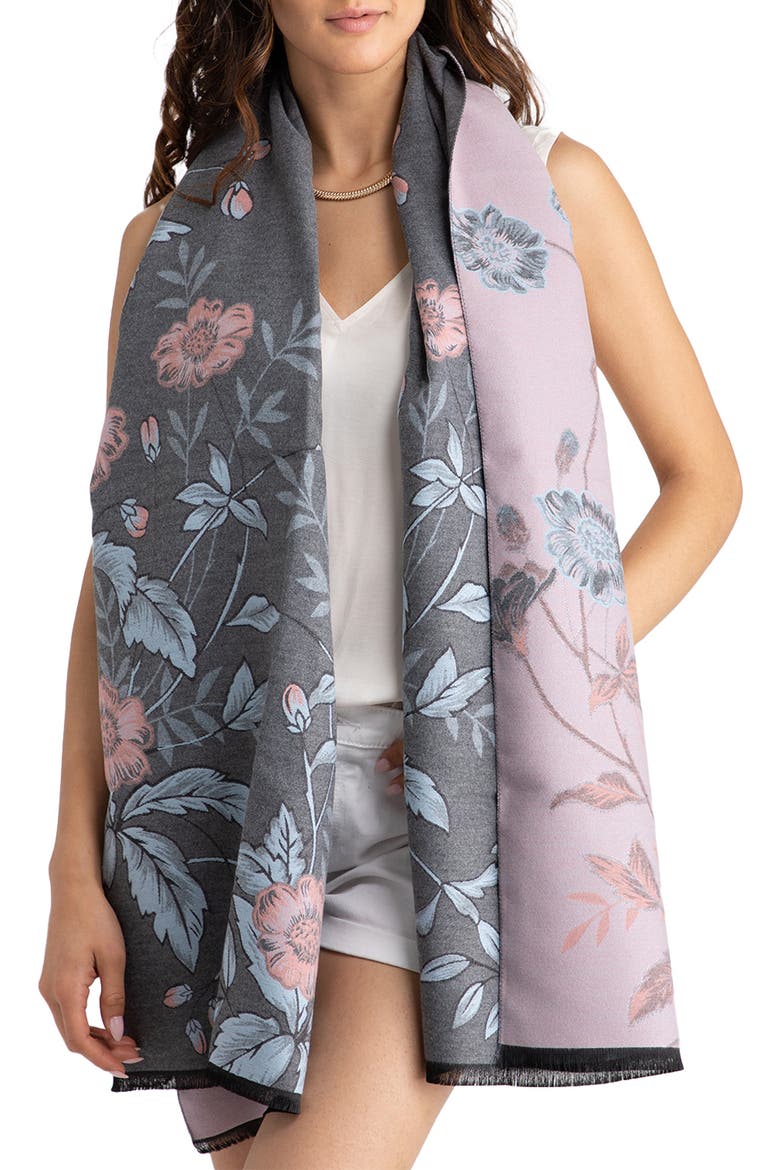 Floral Pattern Reversible Scarf, Main, color, GREY