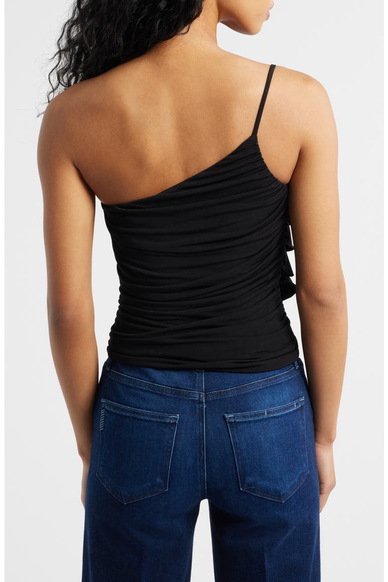 Ruched Asymmetrical One-Shoulder Top with Ruffle Trim, Alternate, color, BLACK