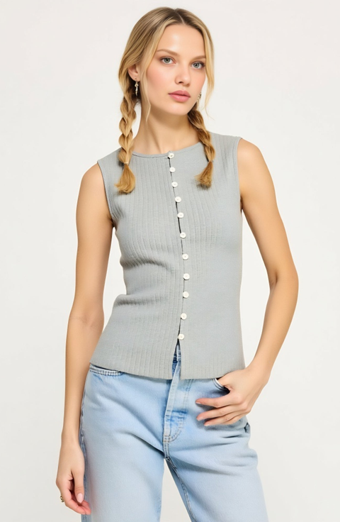 Sleeveless Ribbed Knit Top with Off-Center Button Front Detail