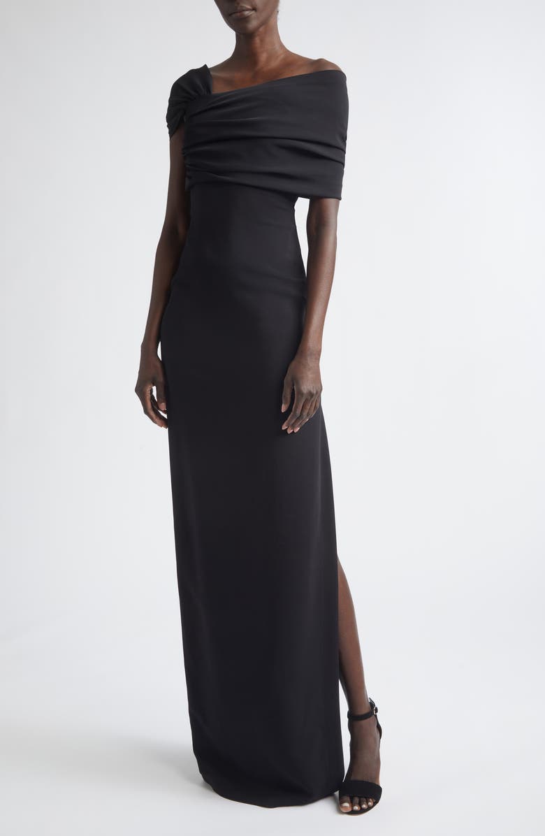 Oscar de la Renta Draped Sleeve Stretch Cady Gown, Alternate, color, Black