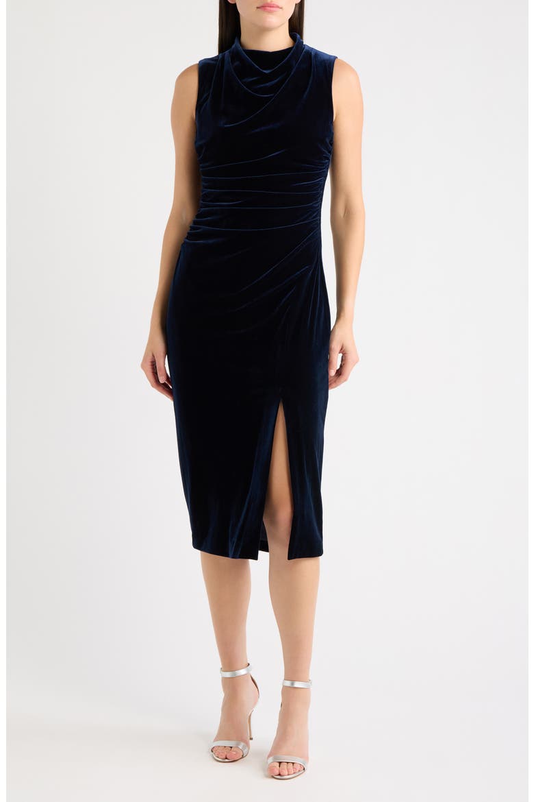 High Cowl Neck Ruched Velvet Sheath Midi Dress, Main, color, NAVY