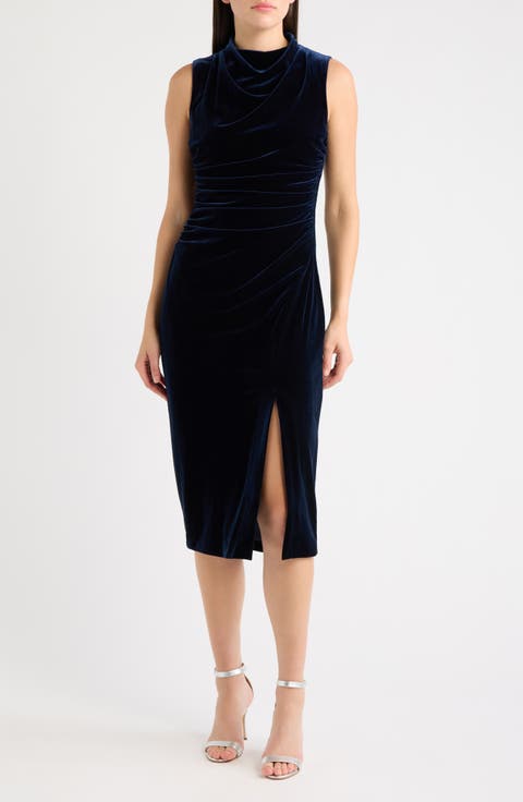 High Cowl Neck Ruched Velvet Sheath Midi Dress