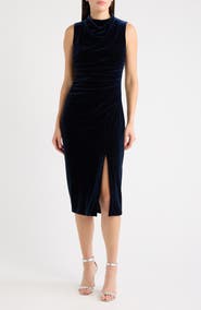 Vince Camuto High Cowl Neck Ruched Velvet Sheath Midi Dress