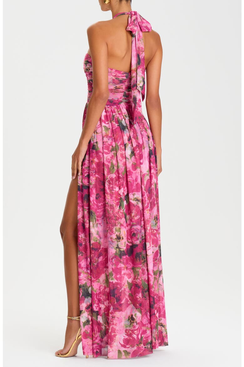 Floral Print Ruched Halter Gown, Alternate, color, PINK
