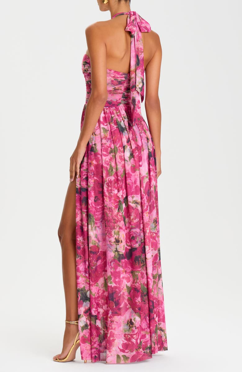 NADINE MERABI Floral Print Ruched Halter Gown, Alternate, color, Pink