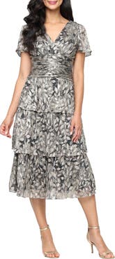 SL FASHIONS Metallic Tiered Surplice Neck Midi Dress