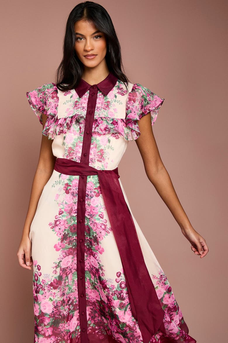 Petite Floral Frill Collard Midi Dress, Alternate, color, Berry