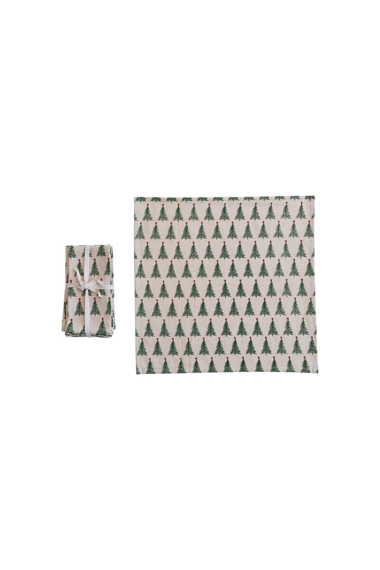 Stonewashed Cotton Napkins with Christmas Tree Print, Set of 4, Main, color, Natural; Green