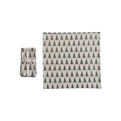 Stonewashed Cotton Napkins with Christmas Tree Print, Set of 4
