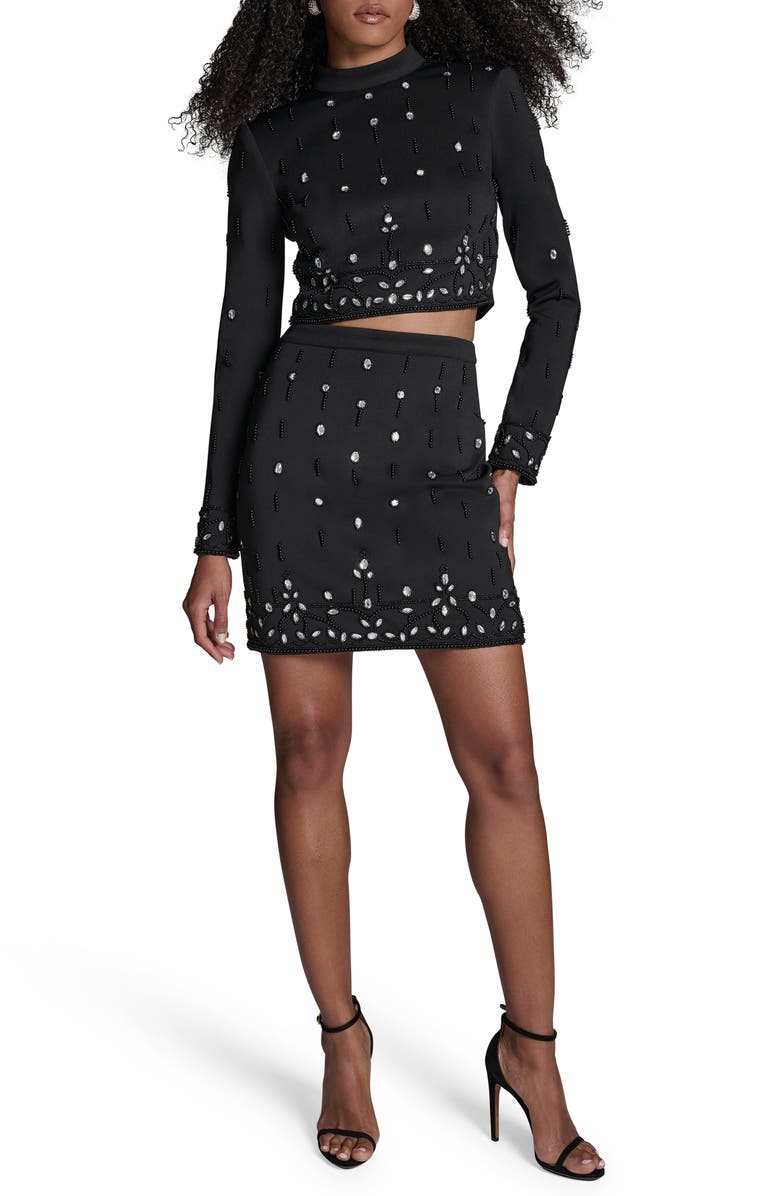 BCBG Crystal & Bead Detail Long Sleeve Top & Miniskirt Set, Main, color, 