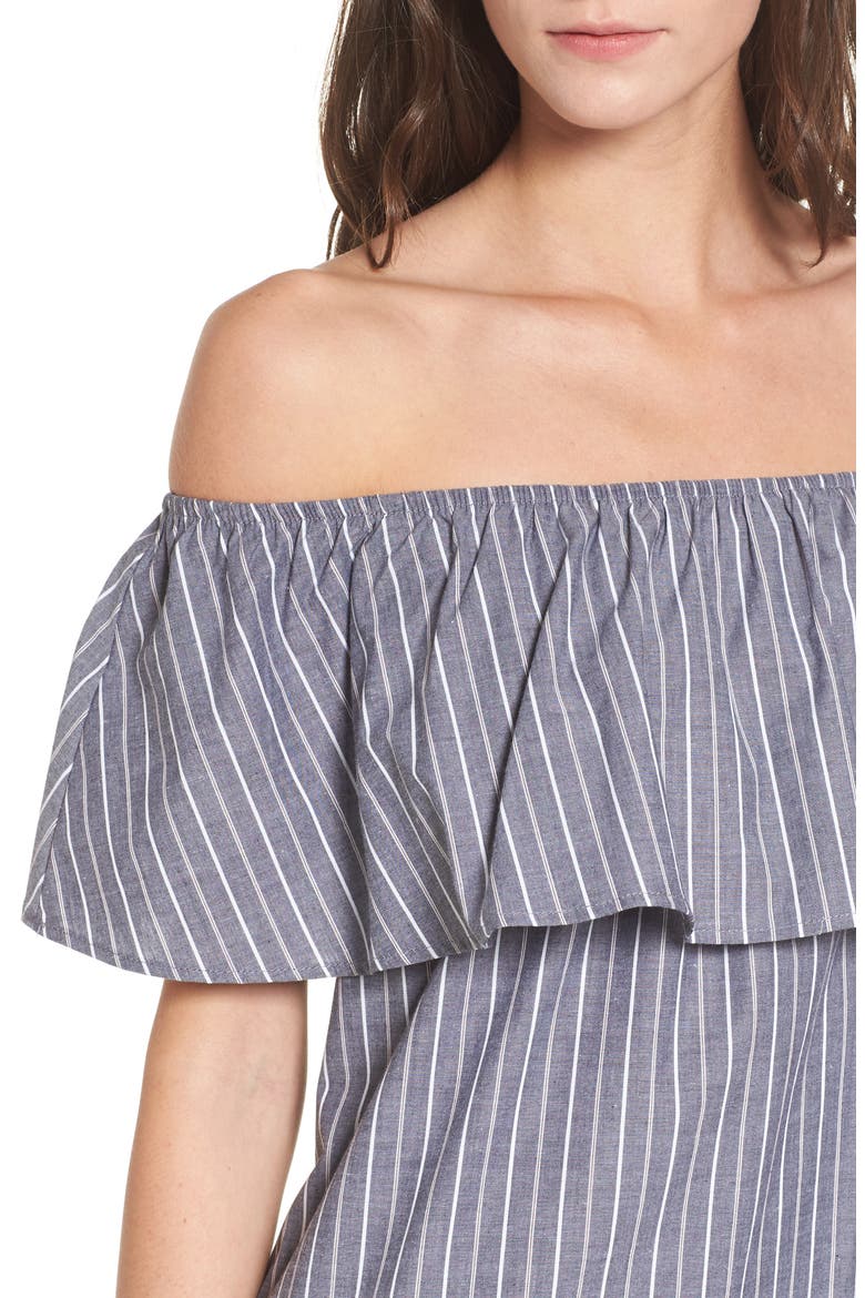 Amanda Ruffle Off the Shoulder Dress, Alternate, color, CHARCOAL STRIPE