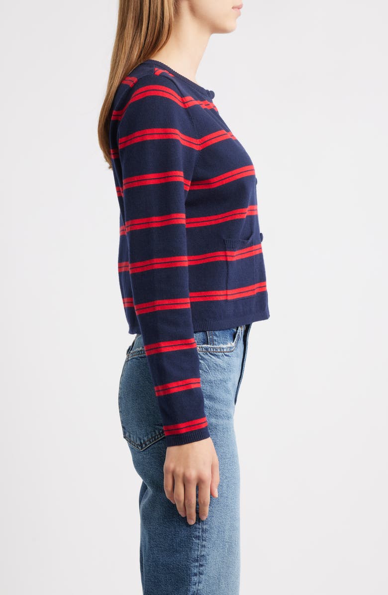 French Connection Padma Stripe Fine Knit Cardigan, Alternate, color, Royal Blue/ Red Stripe
