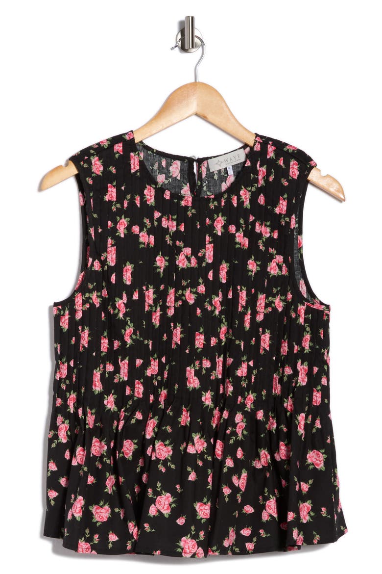 Pleated Printed Top, Alternate, color, BLACK ROSES