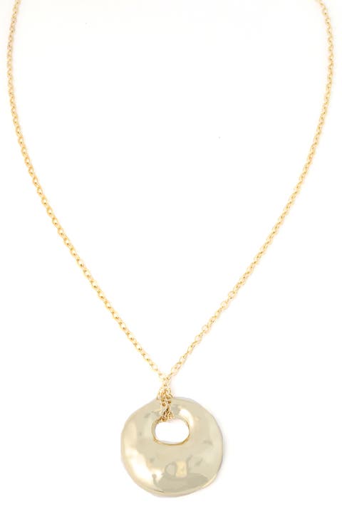Gold Hammered Long Circle Pendant Necklace