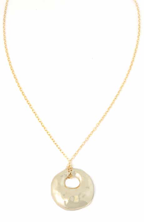 Gold Hammered Long Circle Pendant Necklace