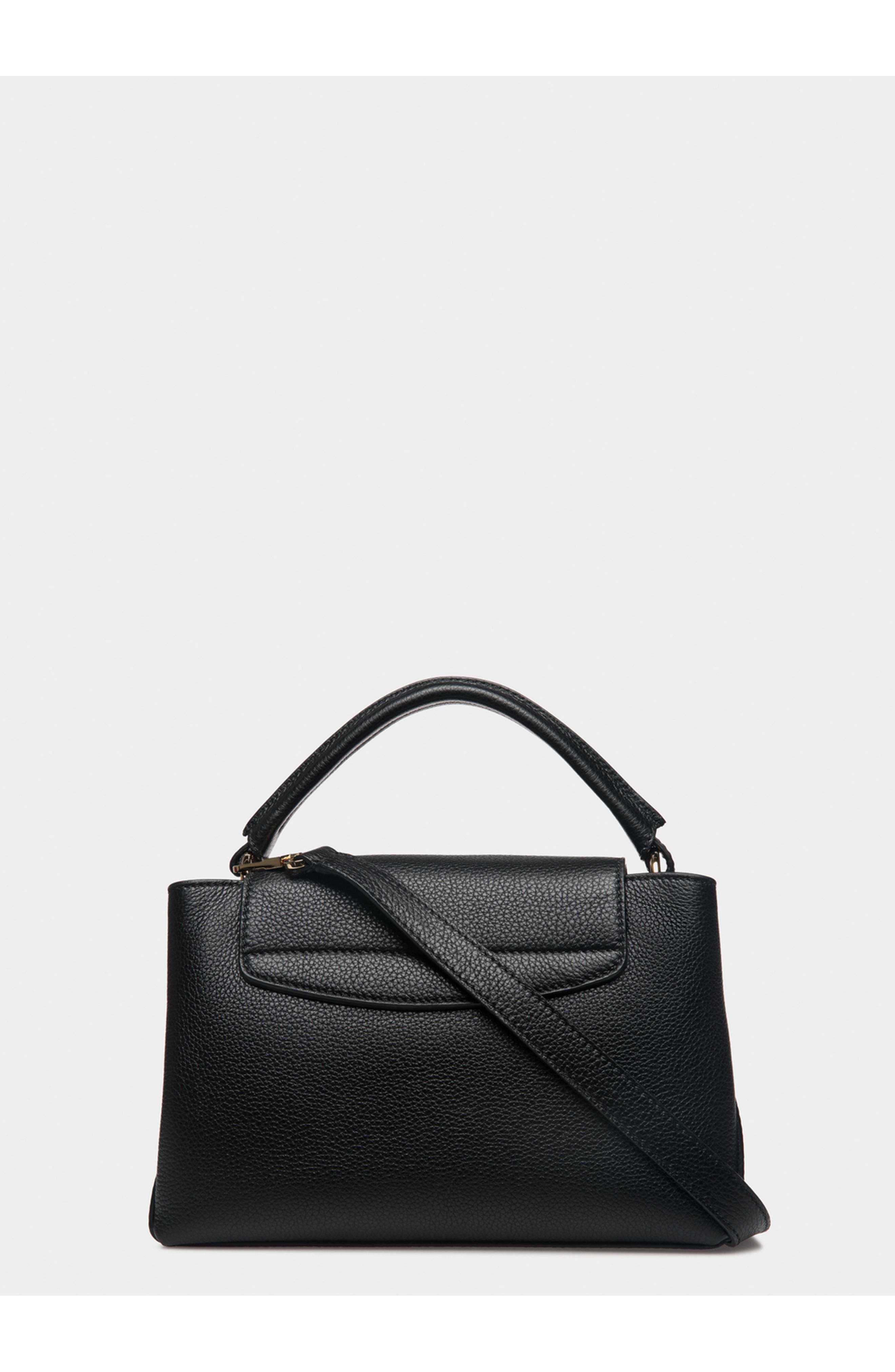 Bally Lock Me Small Top Handle Bag In Grained Leather, Alternate, color, Black