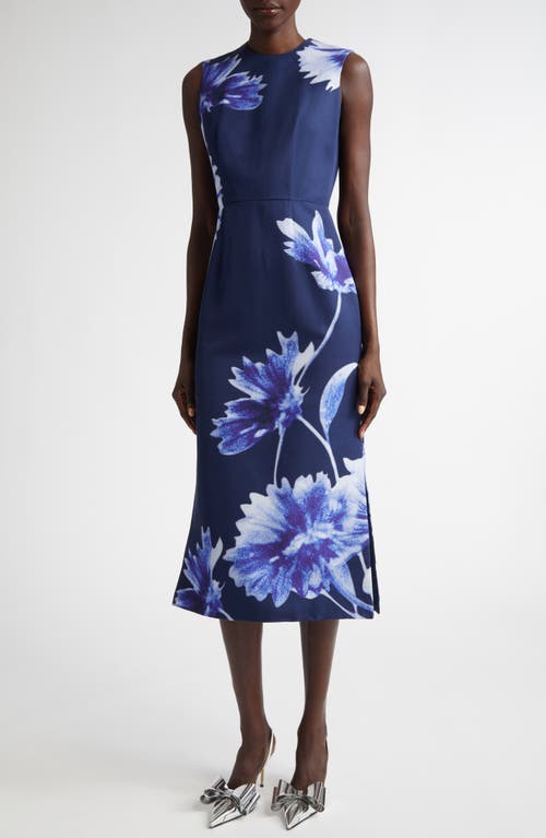 Shop Erdem Troubridge Floral Sleeveless Faille Pencil Midi Dress In Floral Indigo