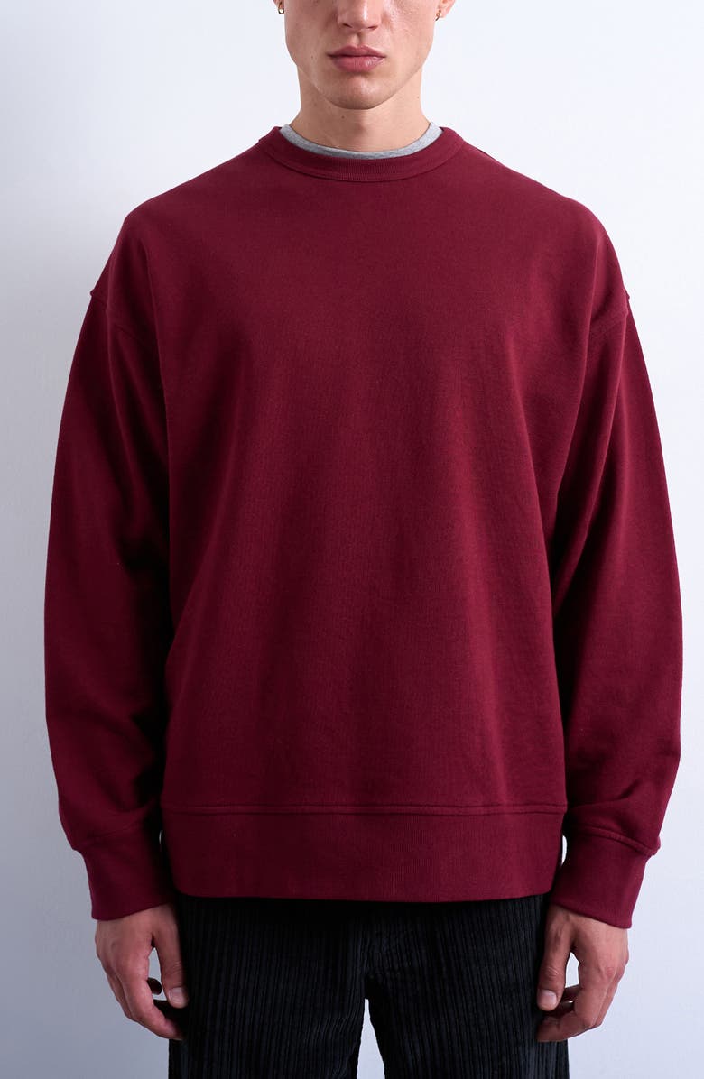 Topman Lightweight Oversize Cotton Sweatshirt, Main, color, Burgundy