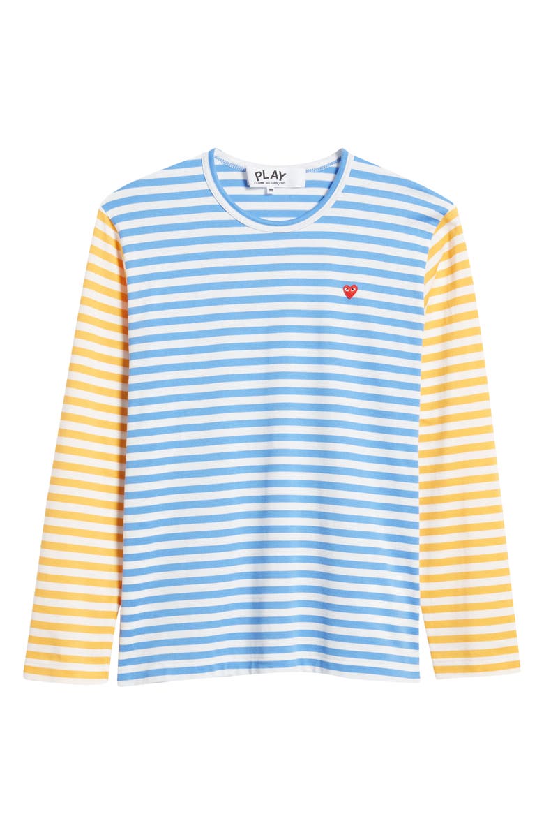 Comme des Garçons PLAY Small Heart Stripe Colorblock Long Sleeve T-Shirt, Alternate, color, Blue/ Yellow