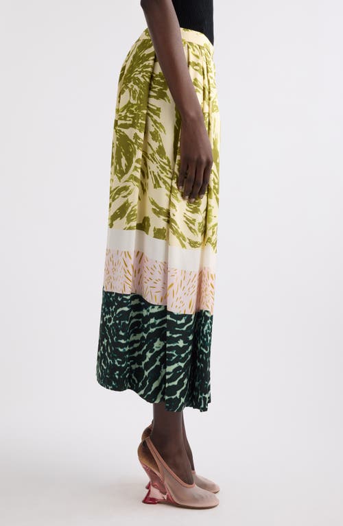 Dries Van Noten Womens Khaki Abstract-print Pleated Woven Maxi Skirt
