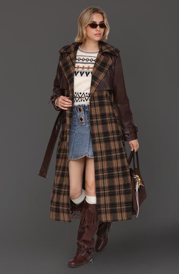 Plaid Faux Leather Trim Double Breasted Coat