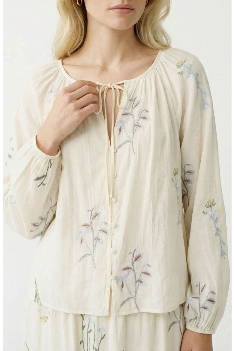 Lina Leaf Embroidered Button-Up Top, Main, color, SNOW WHITE DETAILCOLORFUL EMB