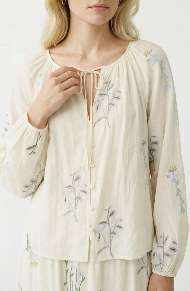 VERO MODA Lina Leaf Embroidered Button-Up Top, Main, color, Snow White Detailcolorful Emb
