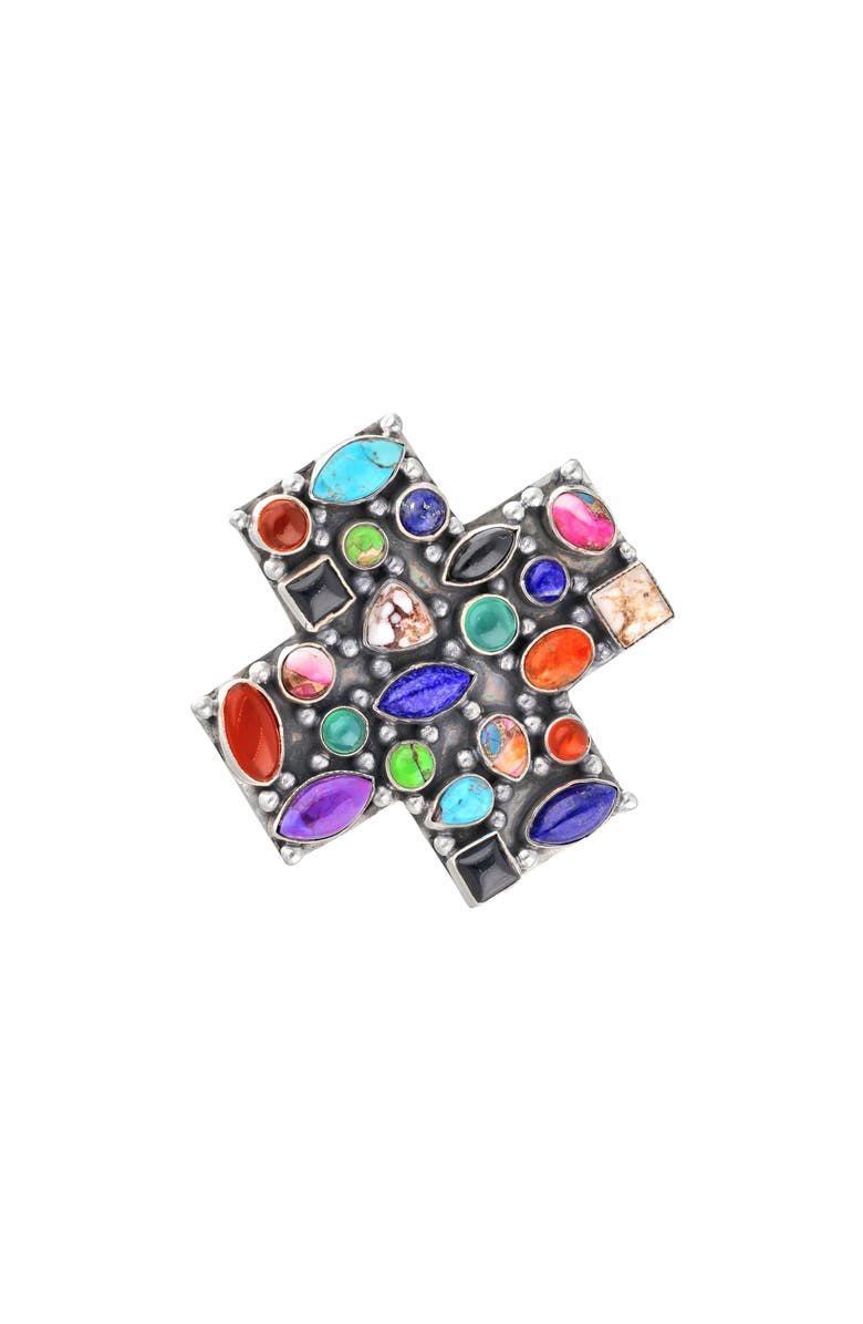 YS GEMS Sterling Silver Semiprecious Stone Cross Ring, Main, color, Silver Multi