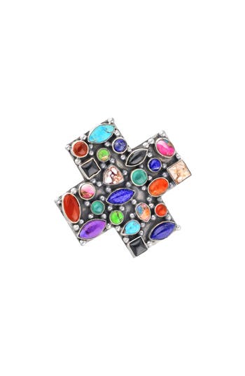 Ys Gems Sterling Silver Semiprecious Stone Cross Ring