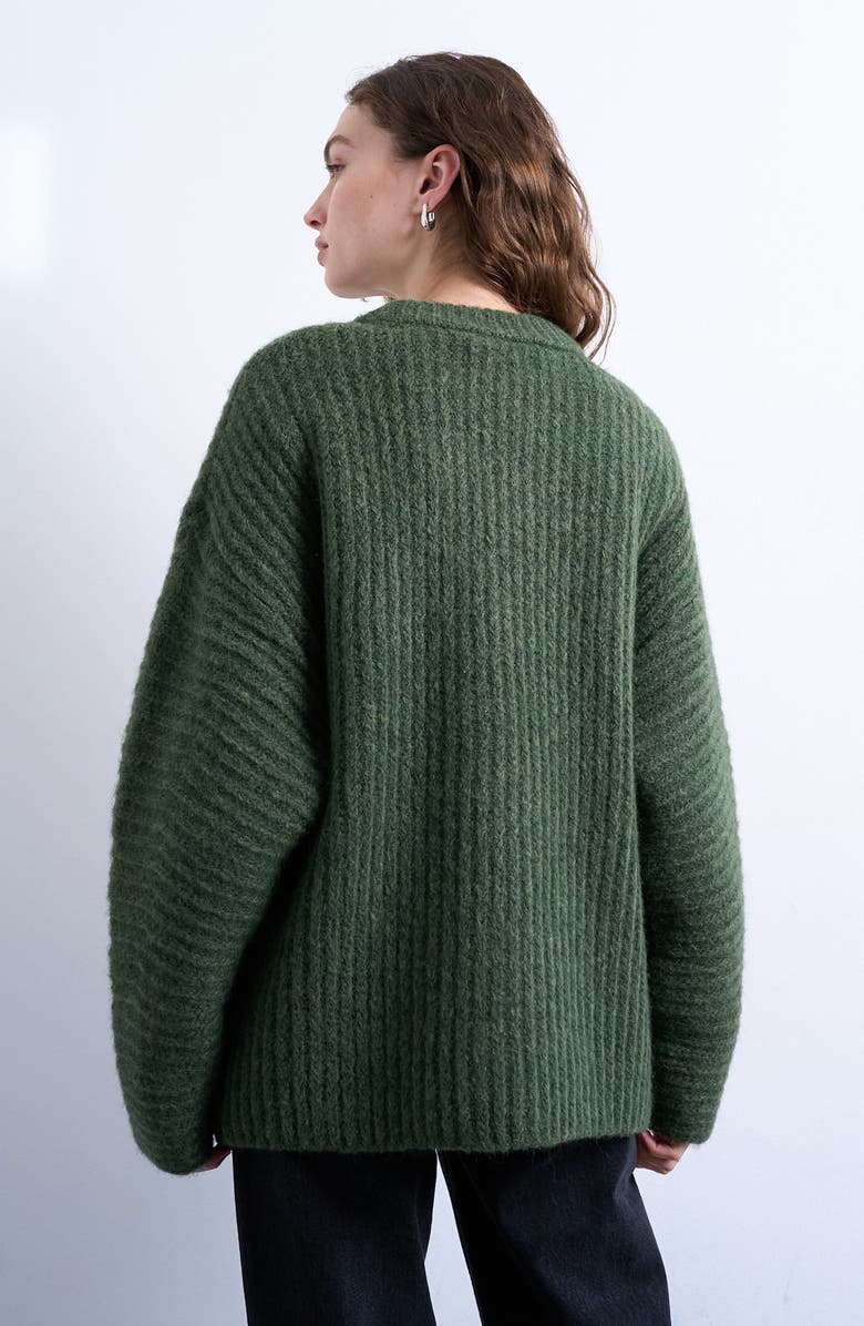 Topshop Rib Puff Sleeve Sweater, Alternate, color, Medium Green