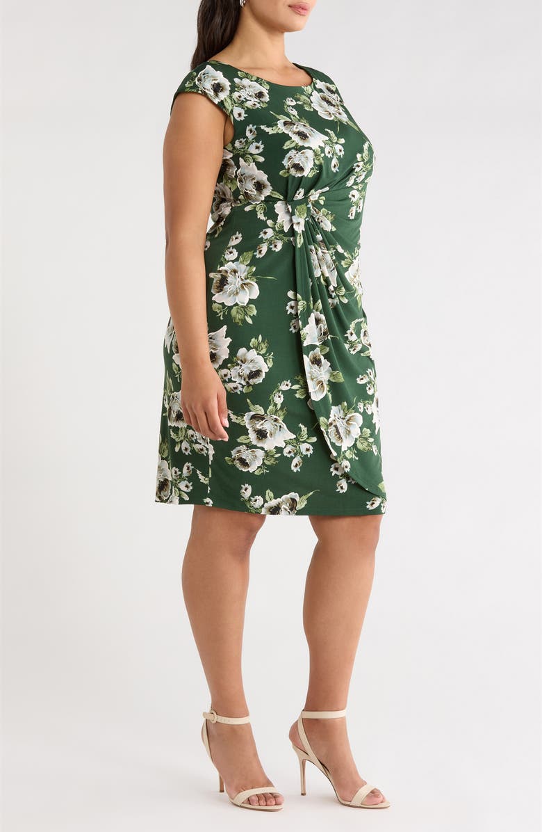 Connected Apparel Floral Cap Sleeve Faux Wrap Midi Dress, Alternate, color, Moss
