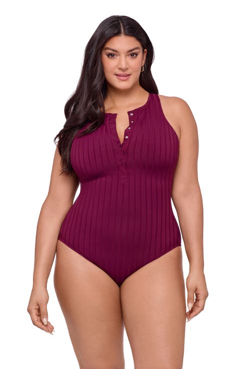 Wide Rib Snap High Neck One Piece Swimsuit