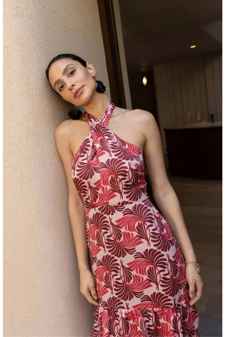 Jamie Ruffle Skirt Halter NeckDress, Main, color, Pink Fan Print