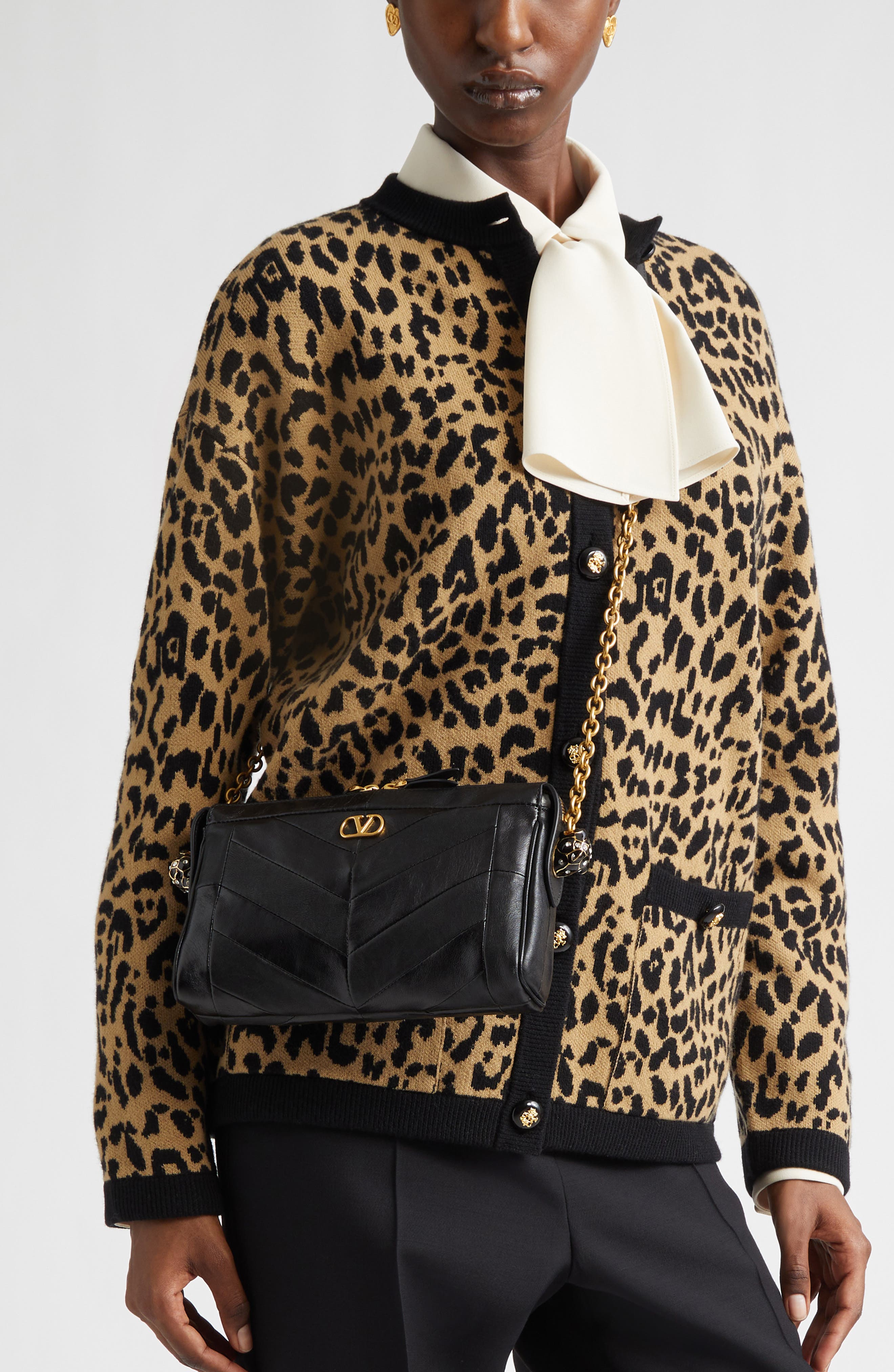 Valentino Garavani Small Panthea Chevron Patchwork Leather Shoulder Bag, Alternate, color, Black