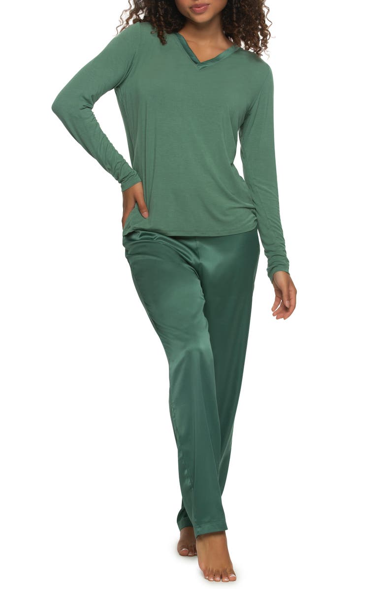 Felina Elysees Satin & Jersey Pajamas, Alternate, color, Dark Forest