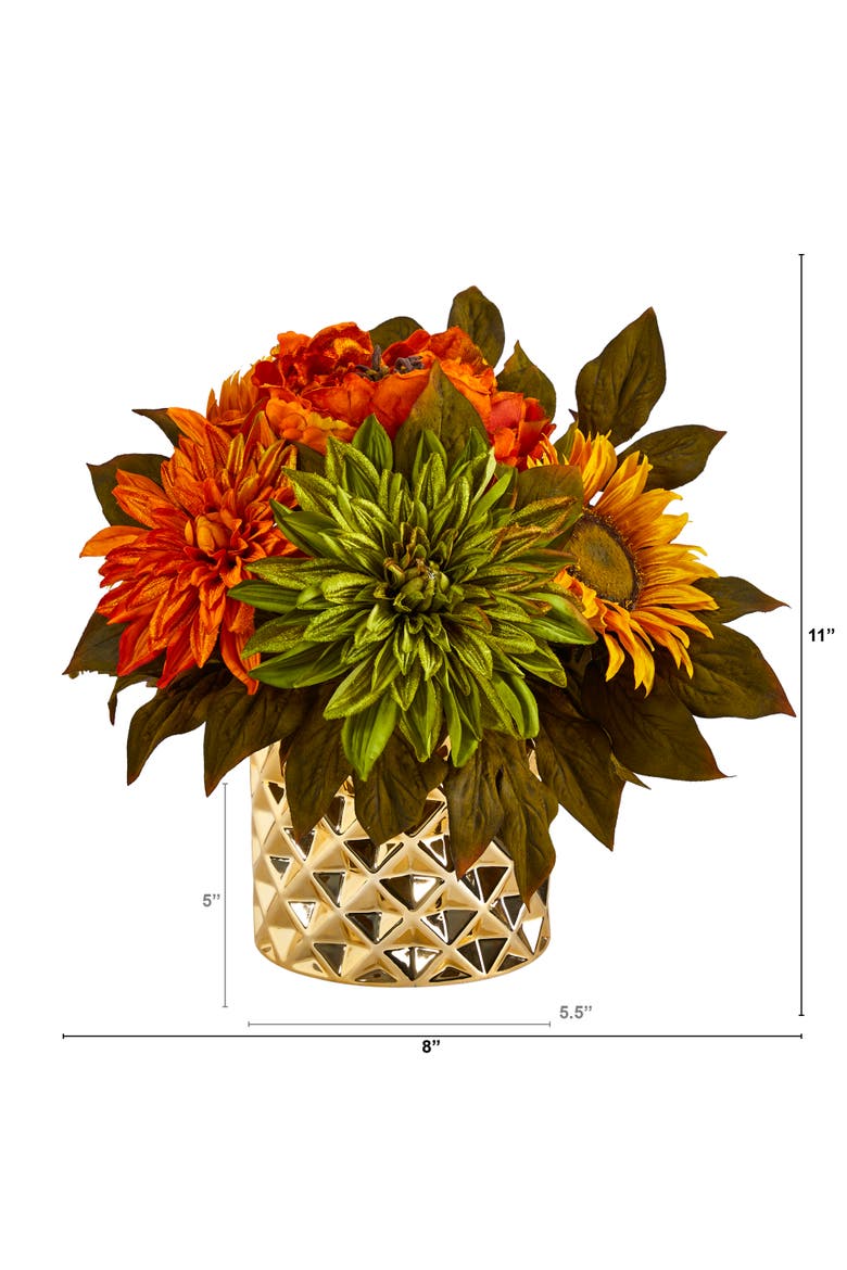 11-in Peony, Dahlia and Sunflower Artificial Arrangement in Gold Vase, Alternate, color, Orange/Yellow/Green