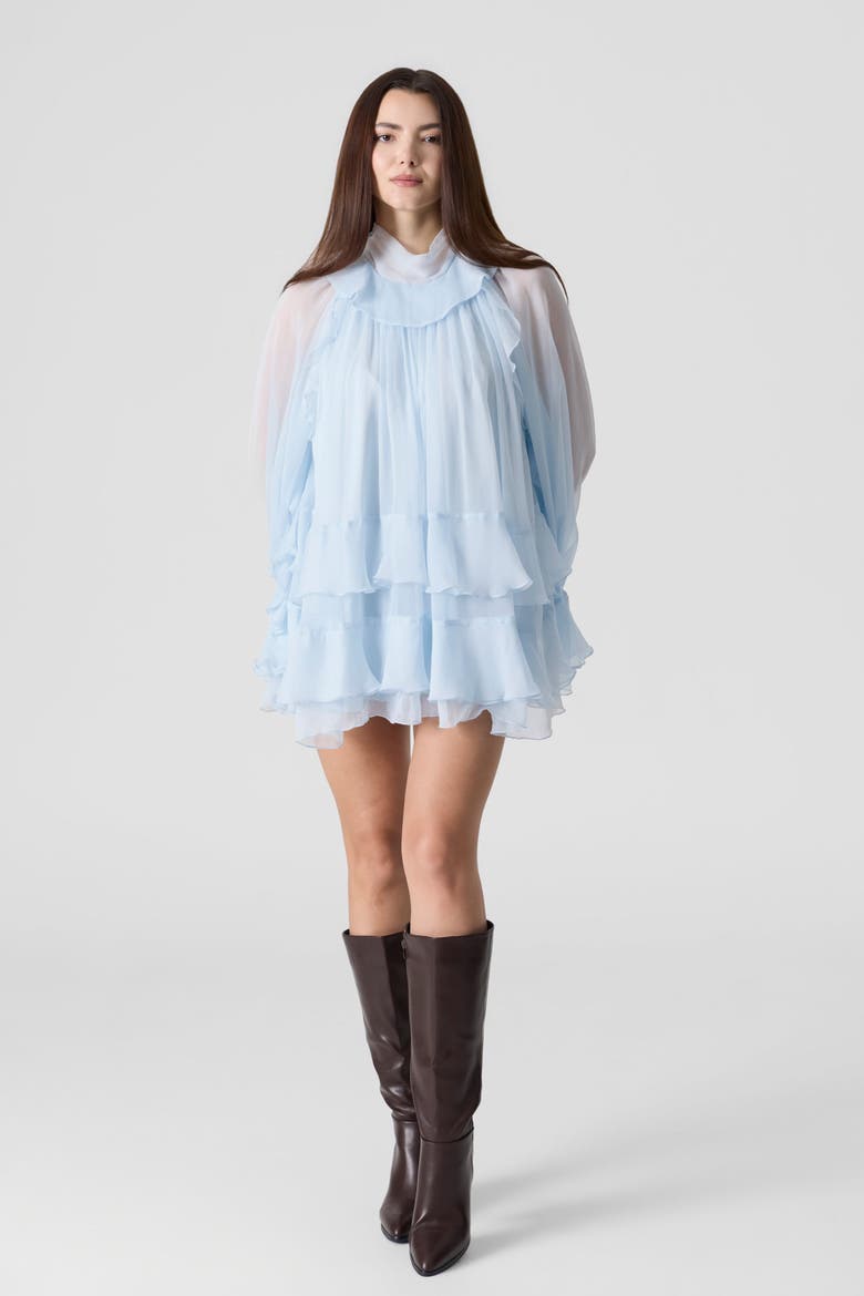 Tiered Ruffle Silk Chiffons Tunic Mini Dress, Alternate, color, Light Blue