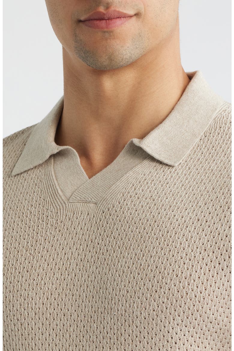 Victor Johnny Collar Cotton & Linen Mesh Stitch Polo Sweater, Alternate, color, HEATHER OATMEAL