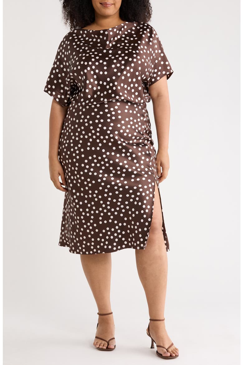 Polka Dot Short Sleeve Satin Midi Dress, Main, color, BROWN