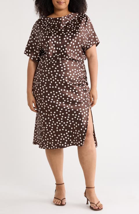 Polka Dot Short Sleeve Satin Midi Dress (Plus)
