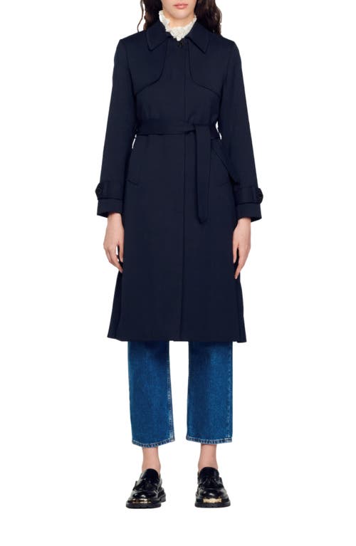 Sandro Trench Coat With Pleated Inset In Navy Blue