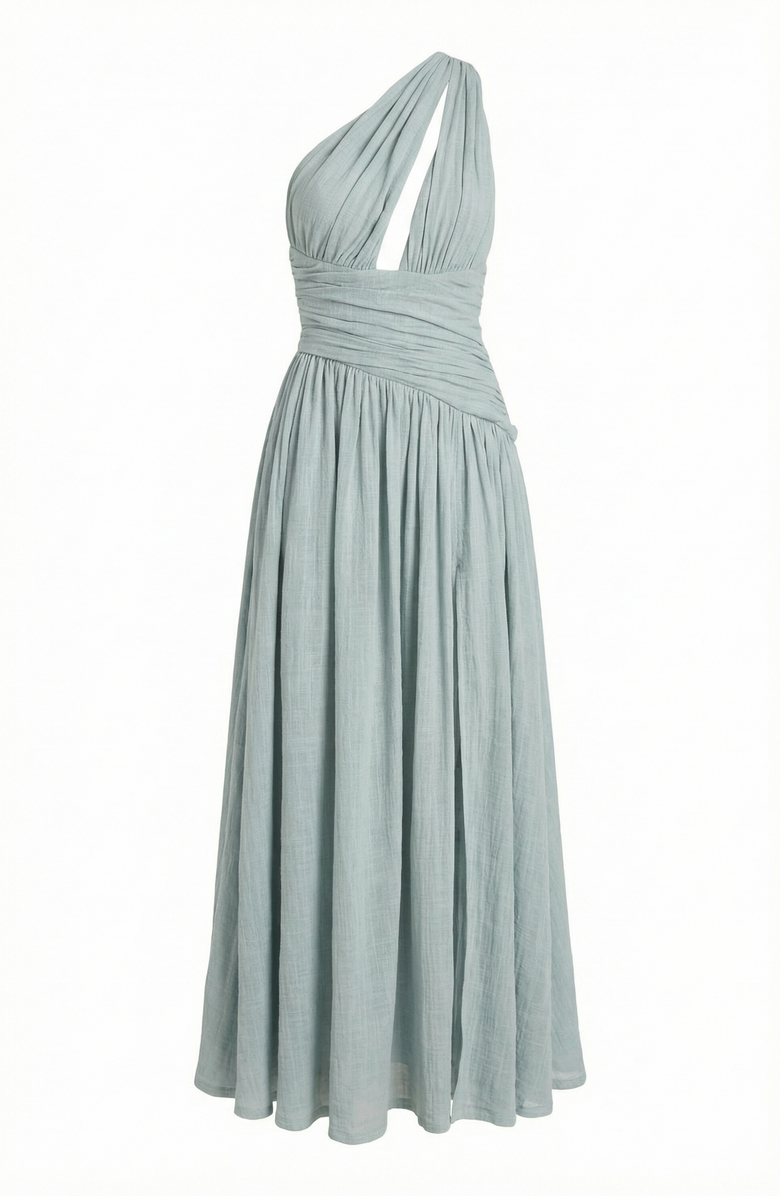 Modenaire Pleated One Shoulder Cutout Gown, Alternate, color, Sage Green