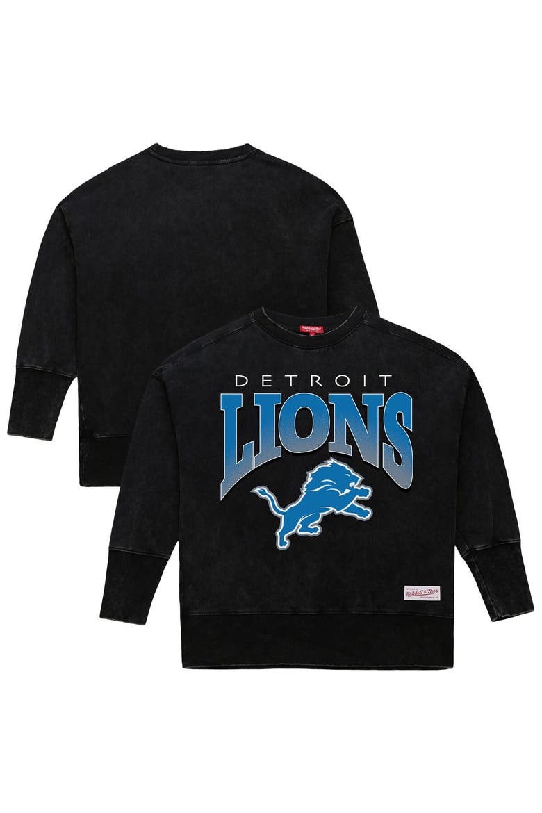 Women's Mitchell & Ness  Black Detroit Lions Delineate Mineral Wash Crewneck Sweatshirt, Main, color, Black
