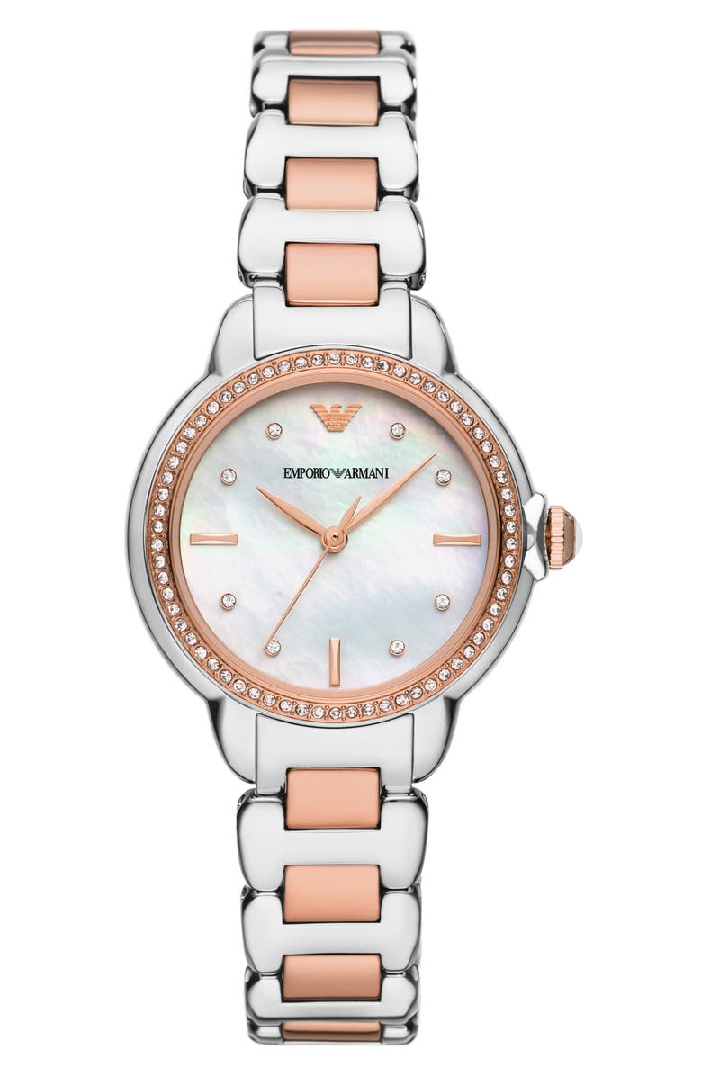 Emporio Armani Three-Hand Two-Tone Bracelet Watch, Main, color, Silver